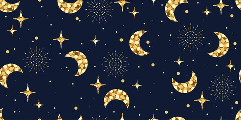 Space seamless pattern, stars, crescents, constellations in outer space. Texture for wallpapers, fabric, wrap, web page backgrounds, vector illustration. Retro illustration.  © Любовь Овсянникова