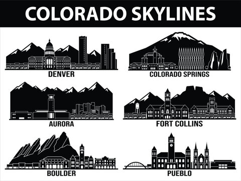 Black city skylines of six Colorado cities