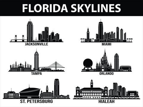 Black Florida city skylines of Jacksonville Miami Tampa Orlando
