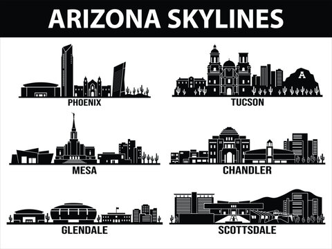 Black city skylines of Phoenix Tucson Mesa Chandler Scottsdale Glendale