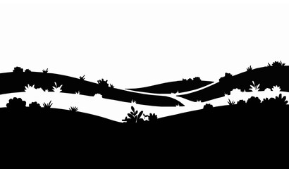 Black silhouette landscape with winding path through hills and bushes, minimalist nature scene illustration for outdoor or travel themed design © Begum