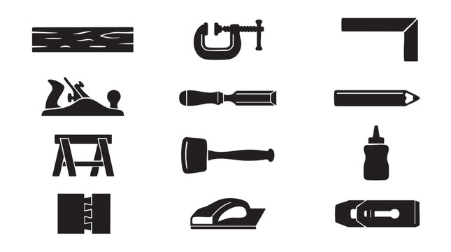 Black and white carpentry tools icons set, 12 woodworking symbols, construction equipment, DIY toolkit