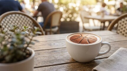 Fototapeta premium Coffee with Basketball Art Basketball Café Art Beverage Wooden Table Latte Art Sports. Concept featuring basketball, café, art, beverage, wooden table for professional commercial design.