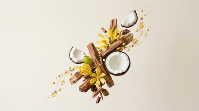 Coconut and Floral Arrangement Flowers Wood Natural Composition Floral Tropical Decor. Concept featuring flowers, wood, natural, composition, floral for professional commercial design.