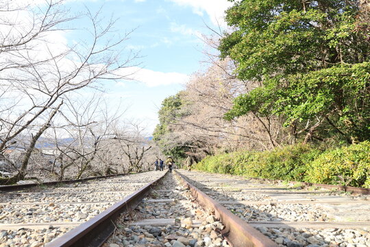 Historic railway tracks at Keage Incline in Kyoto, Japan