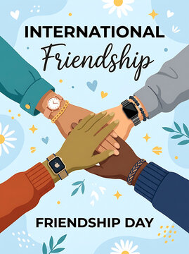 International friendship day illustration with diverse hands stacked together