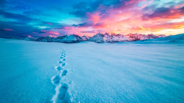 A snowy landscape unfolds at sunset, with a colorful sky casting warm hues over the crisp white snow; delicate footprints trace a quiet path, adding a sense of serene solitude