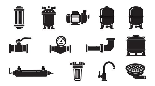 Plumbing, pipe and faucet icons, black silhouette style, 13 piece vector set, water system symbols