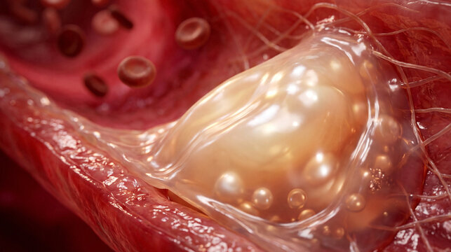 Pearlescent cholesterol plaque growing inside the wall of a human artery with realistic vascular tissue and flowing blood cells in a premium medical visualization.