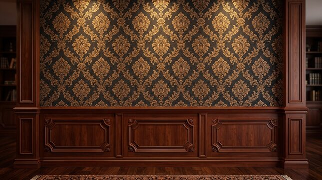 Front View Luxury Black Damask Wallpaper Wall with Cherry Wood Wainscoting Panels
