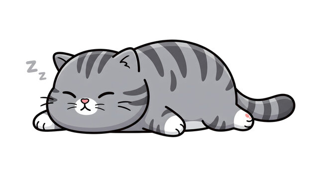 Cute cartoon illustration of a lazy grey tabby cat sleeping completely flat on its stomach, 
