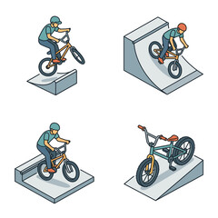 Obraz premium Colorful cartoon illustrations of BMX bike stunts on ramps.