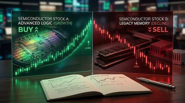 A split-screen market concept shows two semiconductor charts diverging sharply, with one glowing green and climbing while the other turns red and falls; a microchip close-up, memory modules