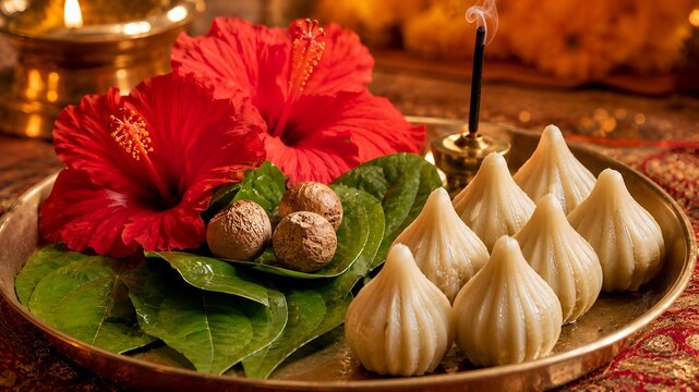  Traditional Ganesh Chaturthi Puja Thali with Steamed Modak Sweet and Hibiscus Flowers