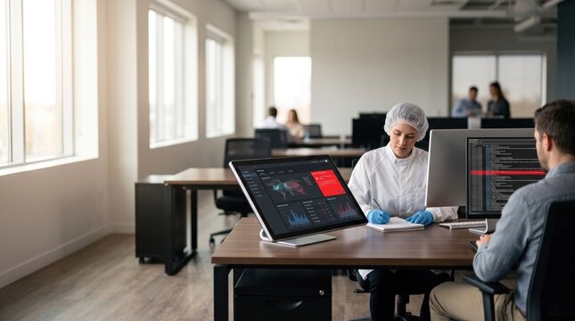 Diverse Young Professionals and Female Scientists in Modern Office Space Collaborate on Project Development and Business Analysis Utilizing Digital Technology and Data Visualization Tools