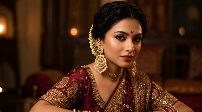 Indian bride in maroon saree and gold jewelry posing indoors.