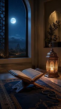 Quran on prayer rug with lantern and moonlight