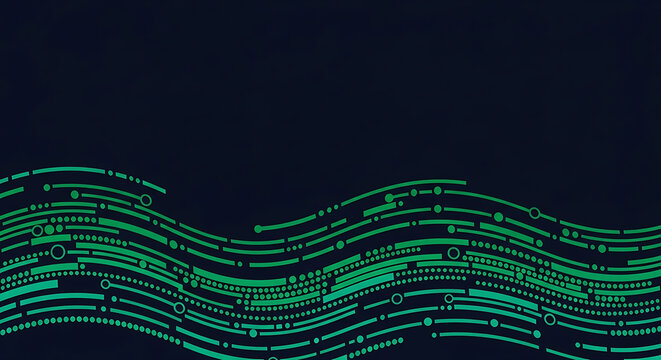 Wavy digital code streams on dark background with background technology information programming communication software development abstract computing