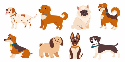 Fototapeta premium cute cartoon dog breeds collection in flat vector style on white background dogs illustration canine puppy animal pet design graphic artwork