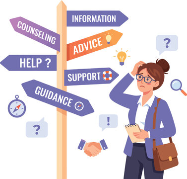 Confused woman seeking guidance at a crossroads signpost with options for help and support during decision making
