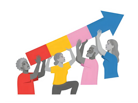Diverse group of people lifting a large colorful growth arrow upwards
