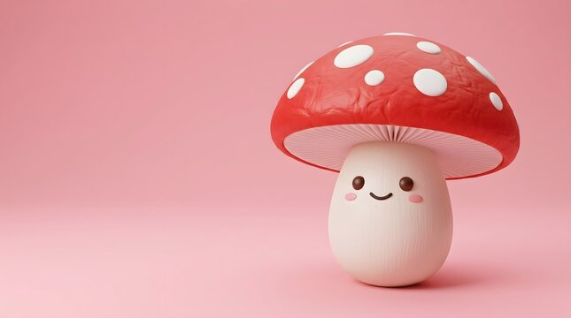 Cute cartoon red mushroom character with a happy smiling face on a soft pink background