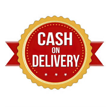 Red and gold circular cash on delivery badge icon for online shopping