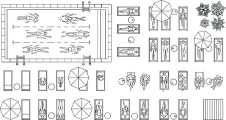 Pool deck and outdoor terrace CAD block library, top view swimming pool, sun loungers, umbrellas, seating, and people entourage symbols for landscape and resort site plans © ProPixel Studio