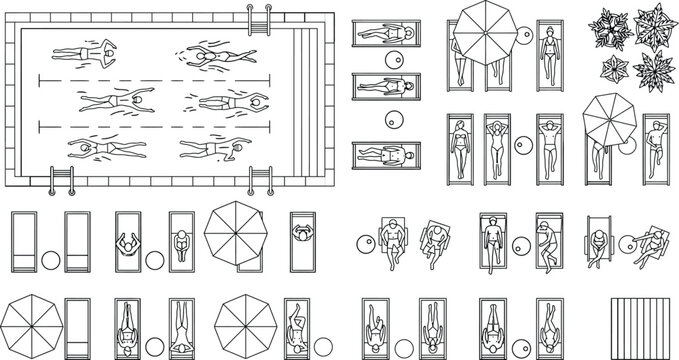 Pool deck and outdoor terrace CAD block library, top view swimming pool, sun loungers, umbrellas, seating, and people entourage symbols for landscape and resort site plans
