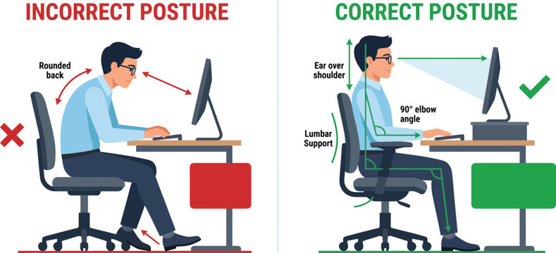 Man comparing incorrect slouching versus correct ergonomic posture at computer desk with healthy spine alignment