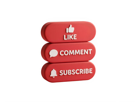 Red 3d social media like comment and subscribe buttons on white