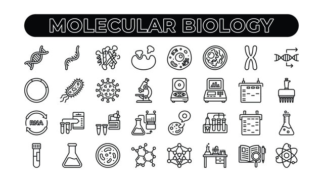Molecular biology line icons set including DNA sequence virus cell microscope and laboratory equipment on white background  molecular biology concepts