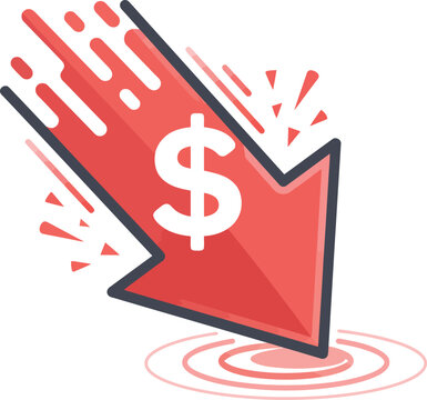 Red arrow with dollar sign falling down during economic recession with motion blur