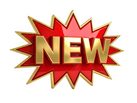 Shiny gold new text label on a red starburst shape for promotions