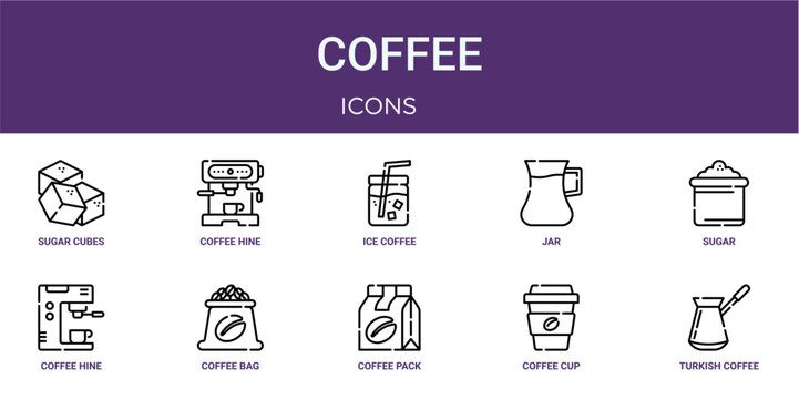 Set of 10 linear Coffee icons for interface projects, presentations and web graphics. Outline symbol collection with coffee hine, jar, coffee hine, coffee pack and cup.