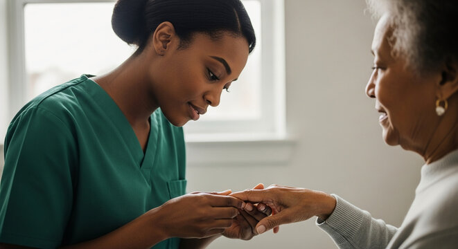 Compassionate African American Nurse in Green Scrubs Holding Hands with Elderly Patient, Providing Professional Home Healthcare and Support