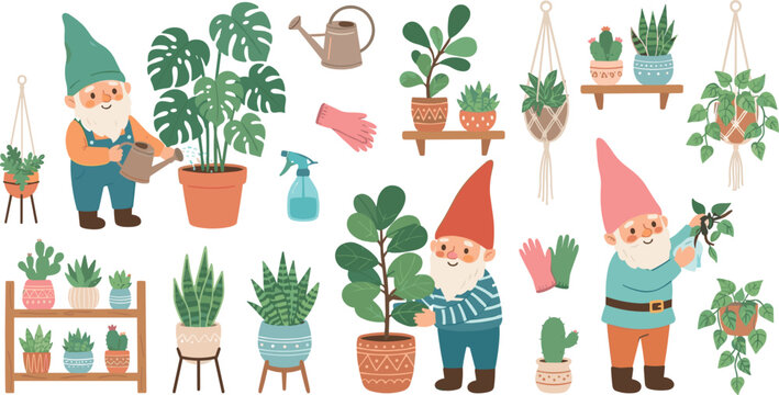 Cute Garden Gnome and Houseplants Vector Set Featuring Monstera, Succulents, Watering Can, Plant Shelves, and Gardening Hobby Illustrations