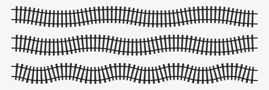 Set of railroad segment. rail road elements top view. train track straight and wavy lines, circle and oval frames isolated on white background. fence or stairs texture. vector graphic illustration . 