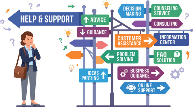 Woman contemplating diverse help and support options with directional signs pointing to decisions and solutions