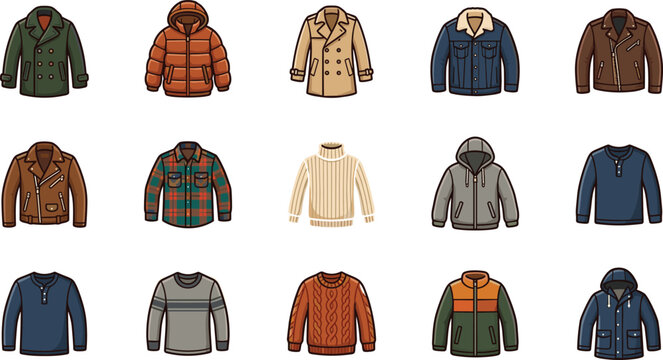 Cartoon mens winter outerwear and top clothing vector icon set featuring jackets coats puffer jackets hoodies leather jackets flannel shirts and knitted sweaters.