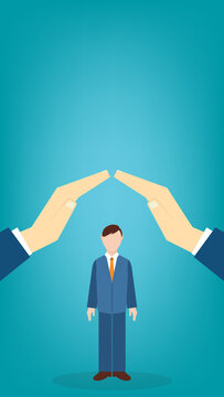 Employee Protection Concept With Businessman Under Protective Hands Workplace Safety And Corporate Care	