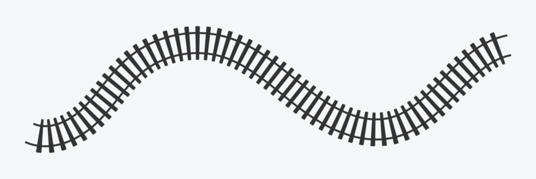 Set of railroad segment. rail road elements top view. train track straight and wavy lines, circle and oval frames isolated on white background. fence or stairs texture. vector graphic illustration . 