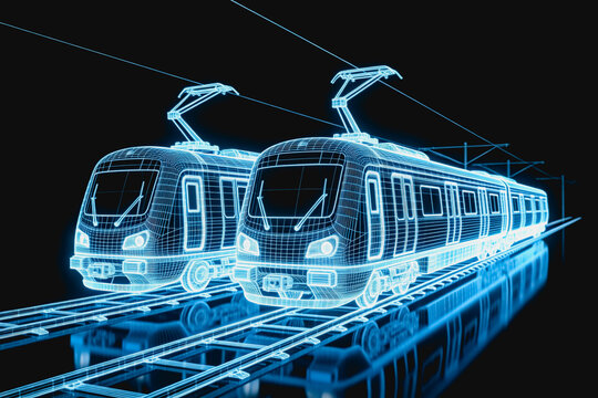 A 3D wireframe neon model of two modern electric trains on railway tracks, with overhead catenary lines.