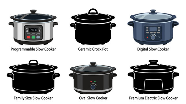 Professional vector collection featuring different slow cooker designs, programmable slow cooker, ceramic crock pot, digital slow cooker, family size slow cooker, oval slow cooker
