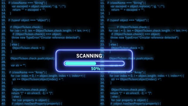Dynamic digital scanning progress bar overlaid on complex software source code background, for cybersecurity, programming, data analysis, and, high-tech software development, concepts 