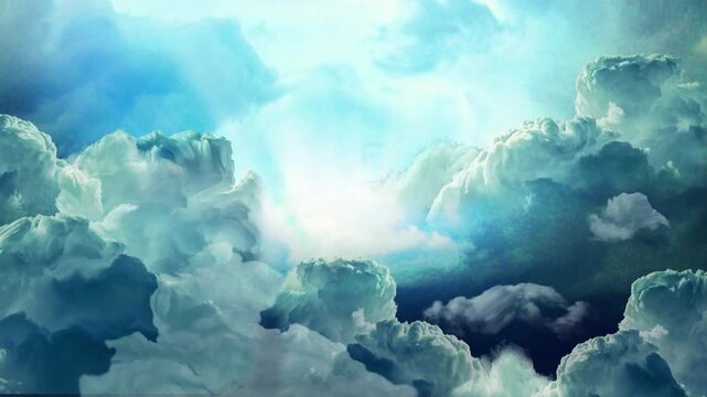 Heavenly Sky Light Rays Abstract 4K Loop features abstract cloud shapes rolling and morphing in a blue sky with light rays beaming upward behind the clouds in a loop.