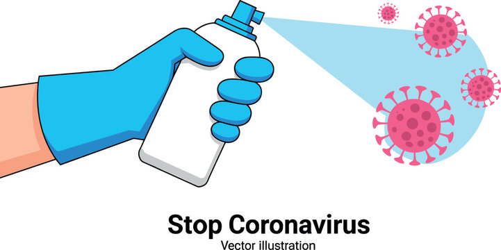 Hand in protective glove spraying disinfectant on coronavirus cells isolated on white background stop virus prevention vector illustration