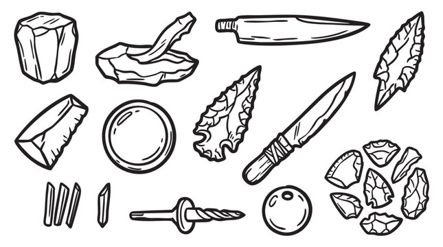 Set of stone age tools and weapons, primitive ancient flint instruments including arrowheads and knives.