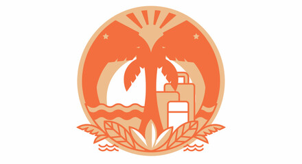 Obraz premium Tropical Vacation Emblem with Palm Tree and Luggage.