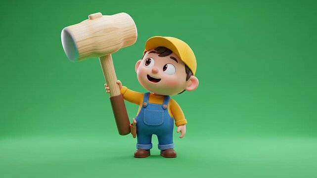 3D cartoon boy builder holding a giant wooden mallet on a green background
